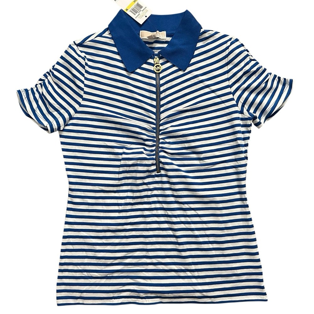 Michael Kors 1/4 Sleeve Stretch Rushed Sleeves‎ Striped Blue White Top Shirt M